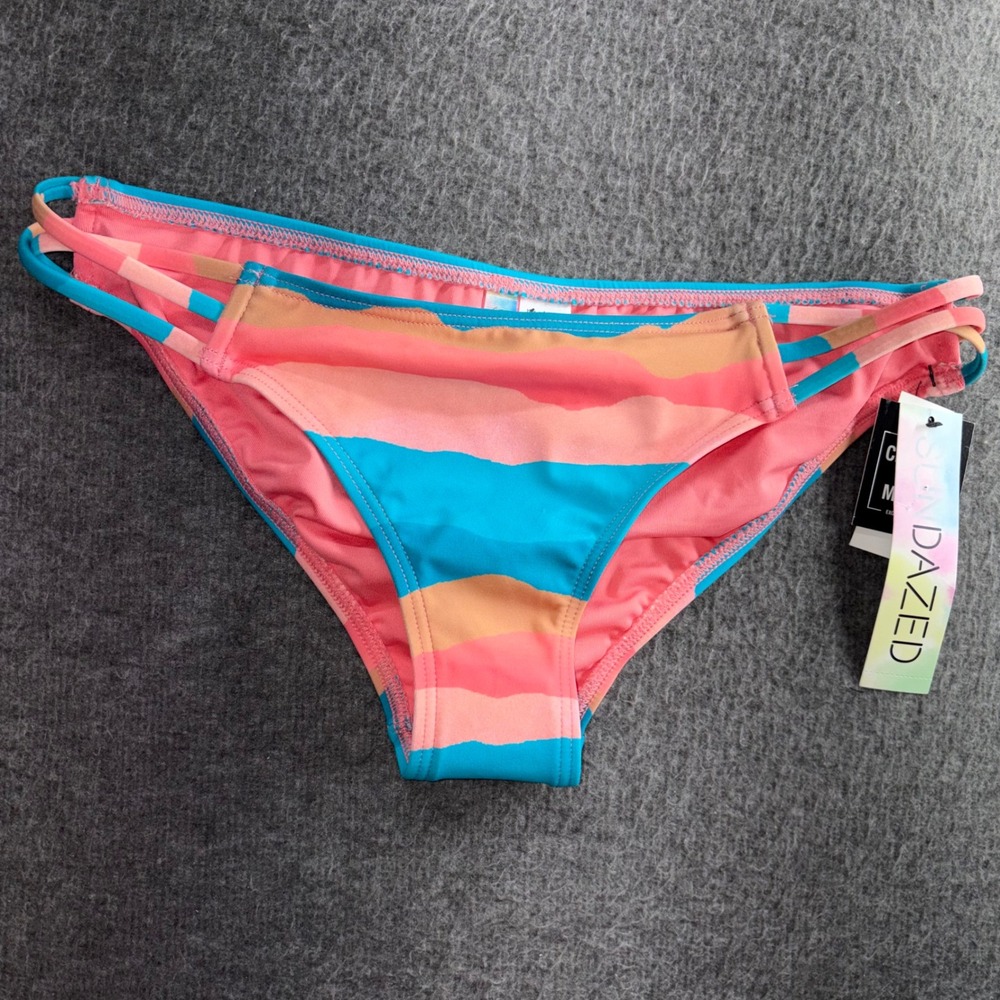 Sun Dazed Women Multi Color Striped Strappy Bikini Bottoms Jaded 355 Size M NWT
